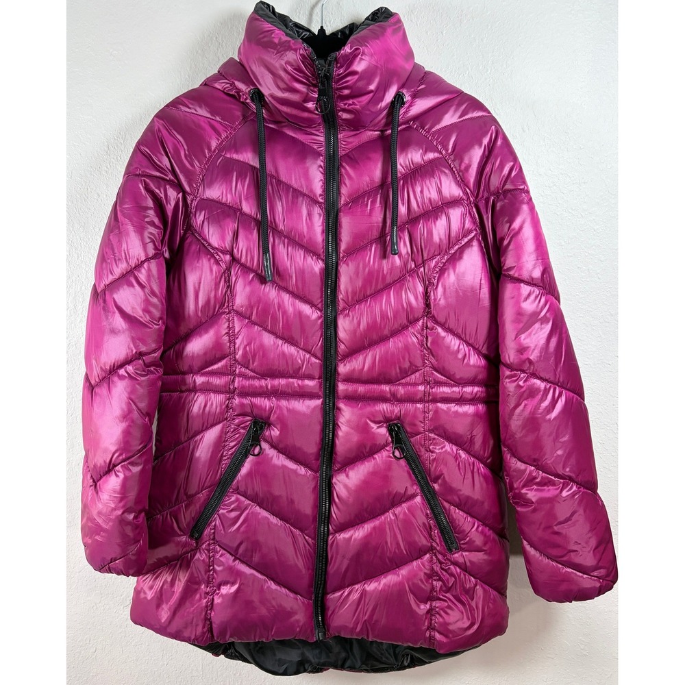 Guess Womens Pink Metallic Puffer Jacket Size M Quilted Hooded Winter Coat